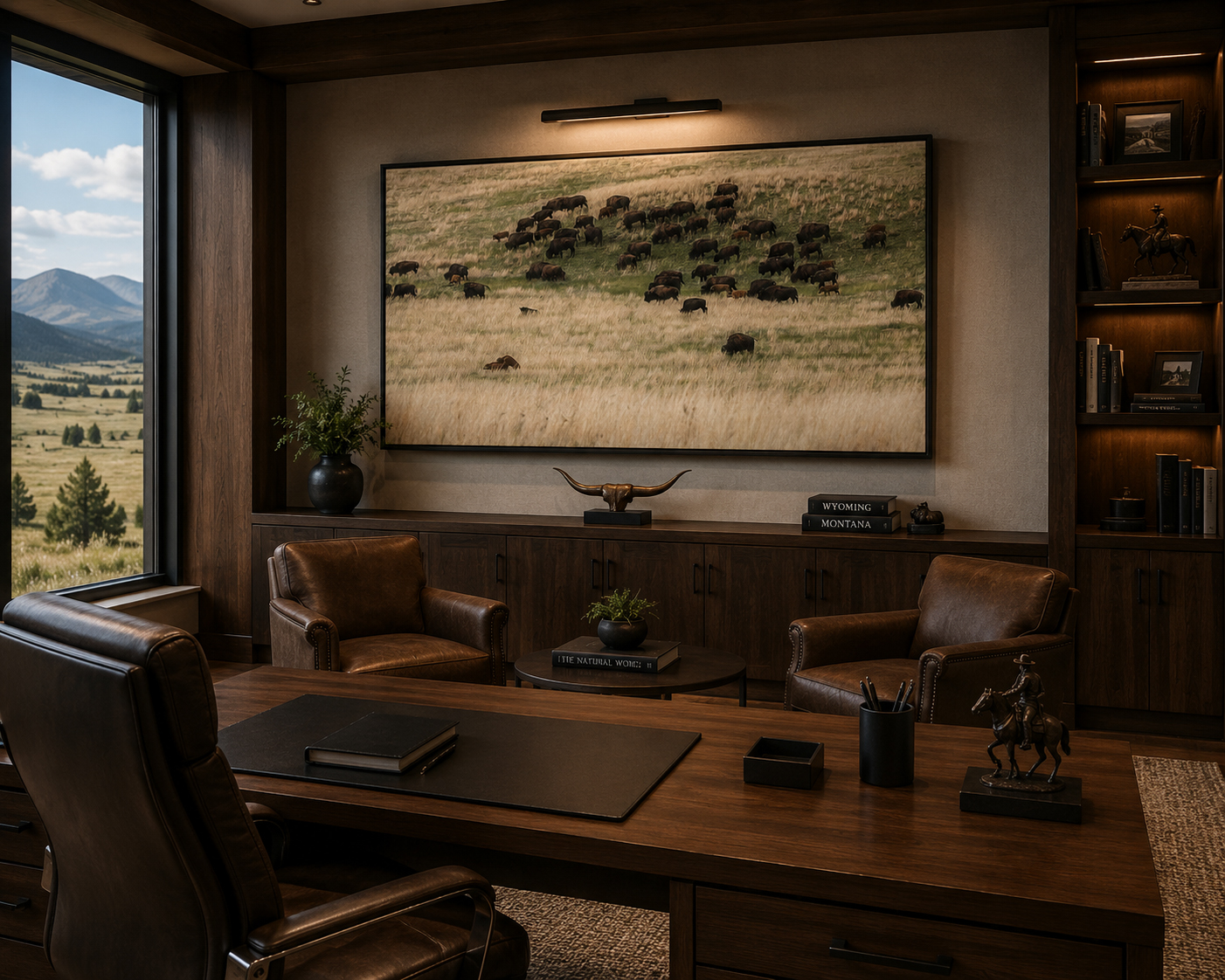 Large bison herd landscape artwork displayed in a ranch style office by Dan Sproul